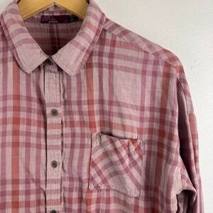 Prana Plaid Button Down Shirt Womens L Mauve Organic Cotton W21180493 Roll tab